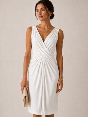 Michael Kors White Sleeveless V-Neck Ruched Dress (Fits Small)